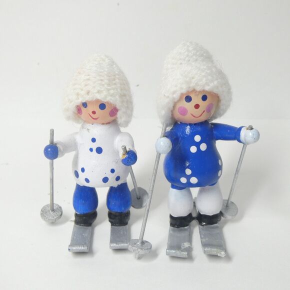 2 Wooden Skier Figures Vintage Taiwan Figurines Blue White 1980s - Picture 1 of 8